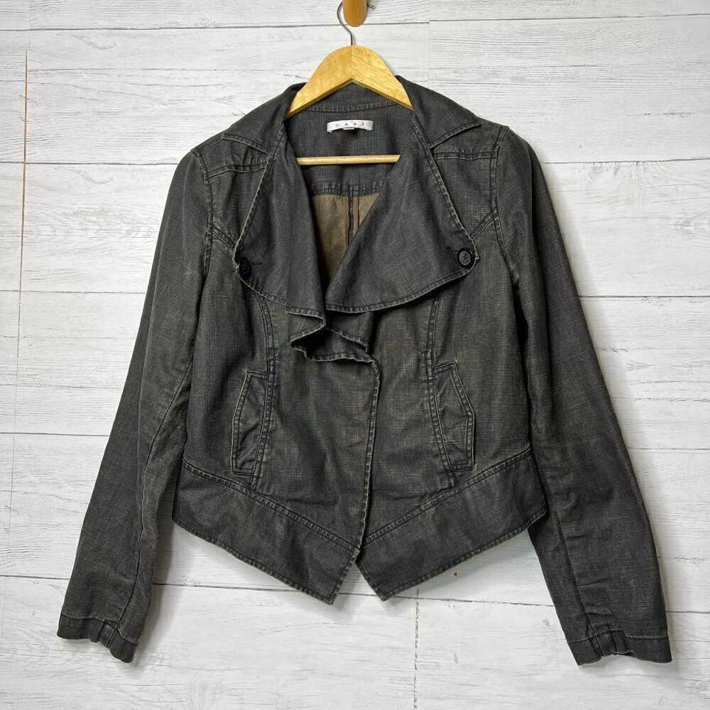 Cabi Jacket Womens Size Medium Black Faded Waxed 100% Linen Cropped Ruffle - Picture 1 of 16